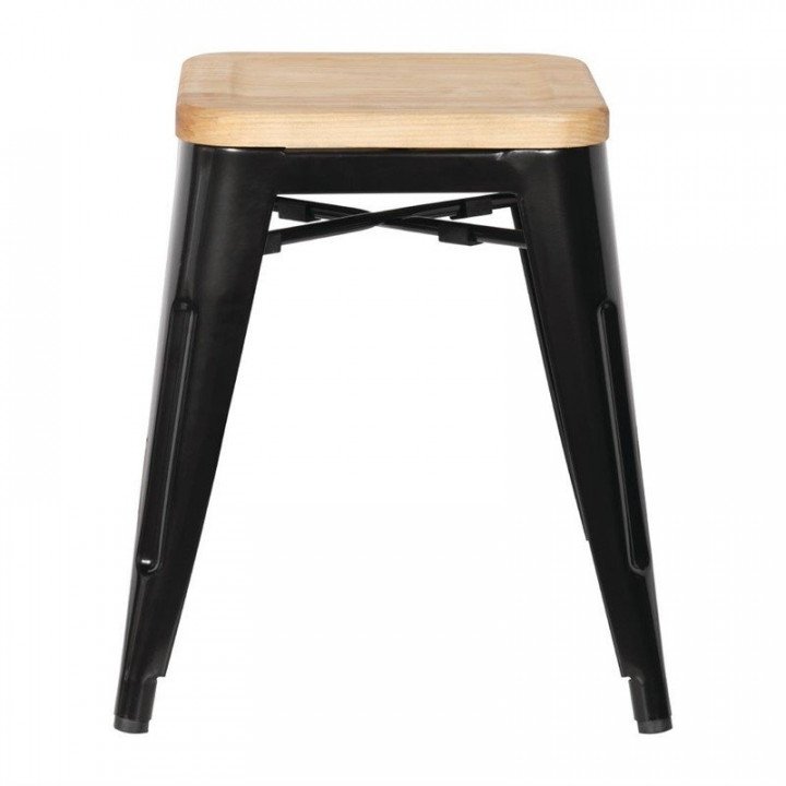 Lot de 4 tabourets bas empilables de bistro assise (H)450 mm, en acier galvanisé noir et bois de frêne – product_manufacturer...