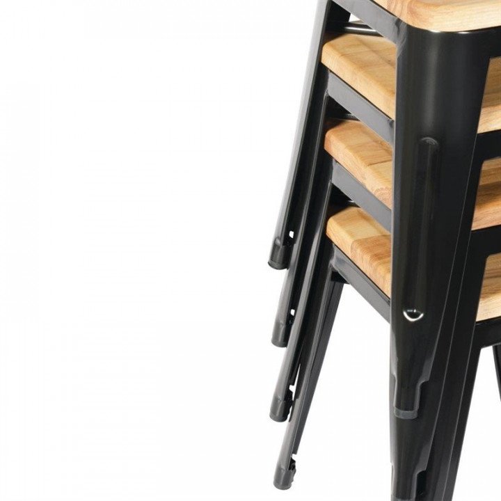 Lot de 4 tabourets bas empilables de bistro assise (H)450 mm, en acier galvanisé noir et bois de frêne – product_manufacturer...
