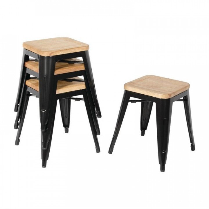 Lot de 4 tabourets bas empilables de bistro assise (H)450 mm, en acier galvanisé noir et bois de frêne – product_manufacturer...