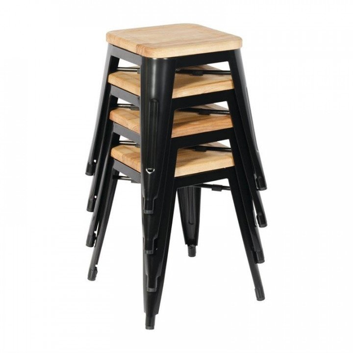 Lot de 4 tabourets bas empilables de bistro assise (H)450 mm, en acier galvanisé noir et bois de frêne – product_manufacturer...