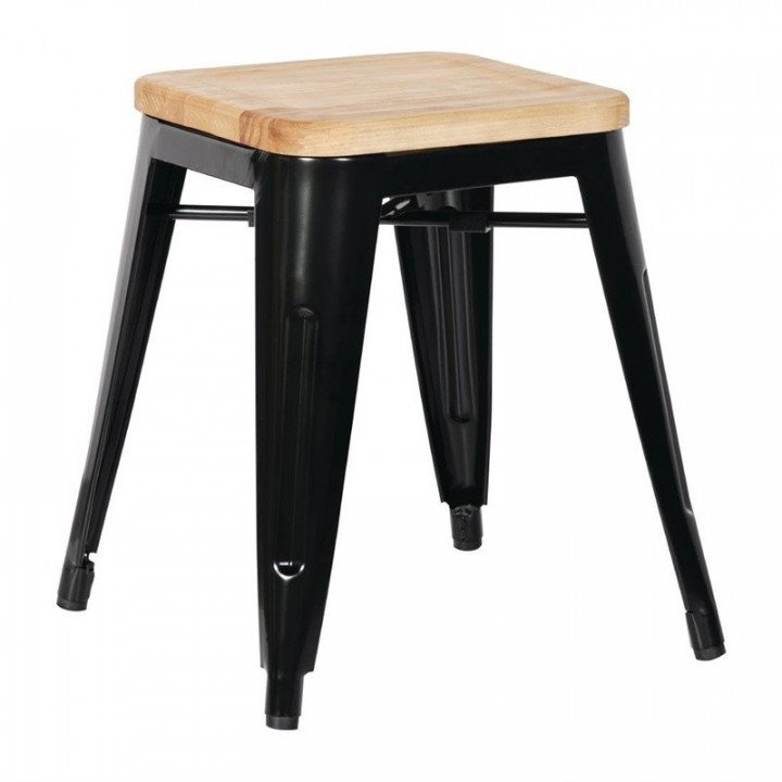Lot de 4 tabourets bas empilables de bistro assise (H)450 mm, en acier galvanisé noir et bois de frêne – product_manufacturer...