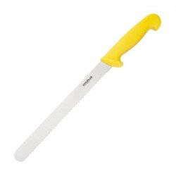 Couteau inox à trancher denté (L)250 mm, jaune HYGIPLAS Couteaux à trancher