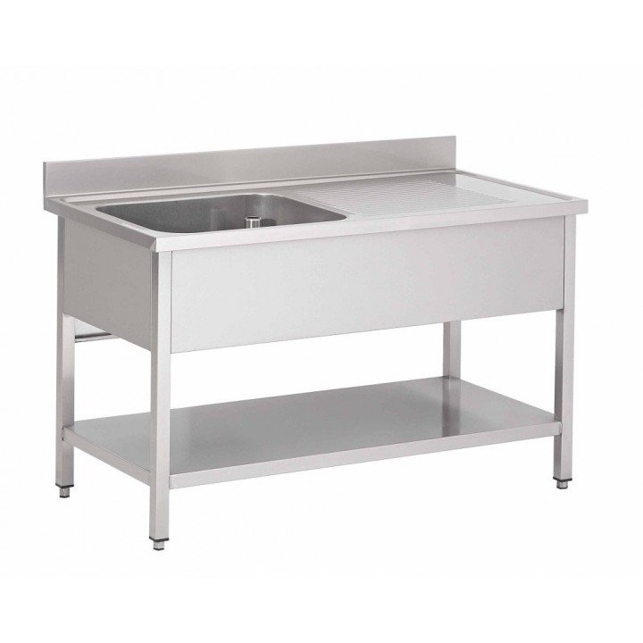 Plonge inox 1 évier, 1 égouttoir (P)600 x (H)850 mm, avec dosseret, avec tablette intermédiaire, AISI 430 – product_manufactu...